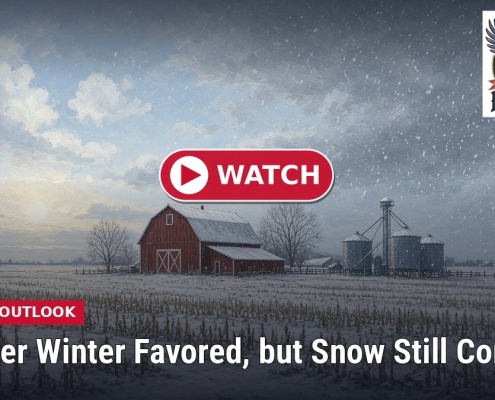 Fostoria News Fostoria winter landscape with snow-covered barn and silos under cloudy sky.